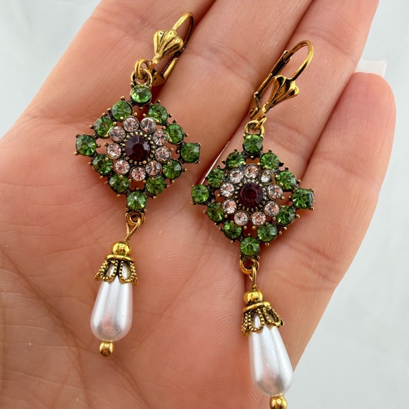 Vintage Gold and Green Floral Drop Earrings - Picture 1 of 4
